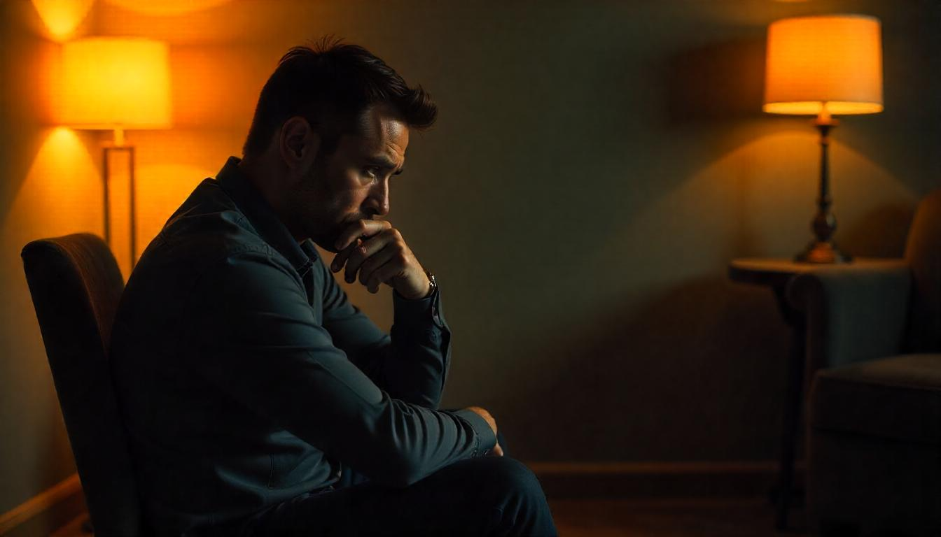 Thoughtful man sitting alone in a dimly lit room showing signs of sadness and isolation, symbolizing depression and mental health struggles.