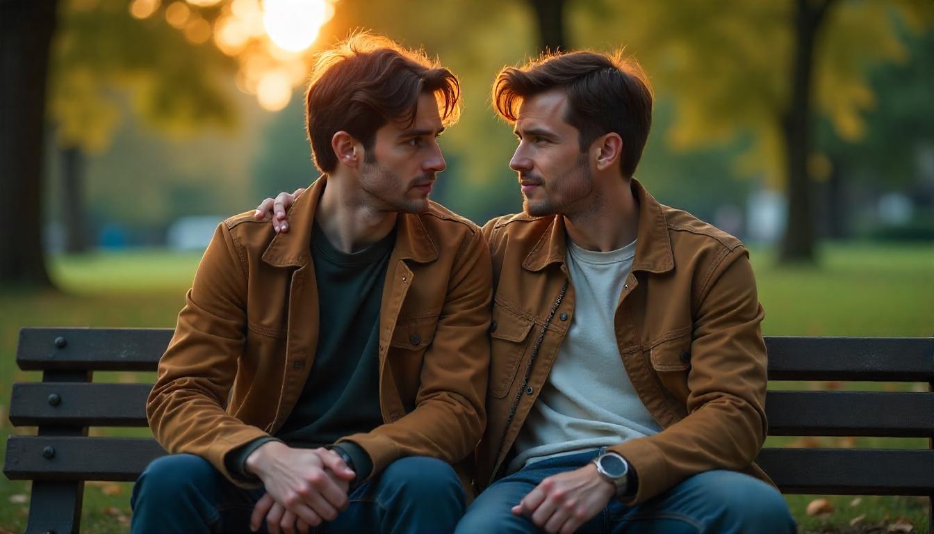 Two male friends sitting together, one comforting the other, representing support for male friend mental health.