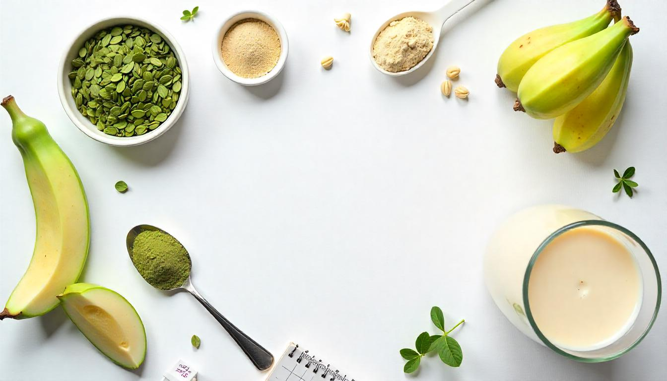 Flat lay of natural appetite suppressant ingredients for women, including green tea, konjac root, and supplements on a white background