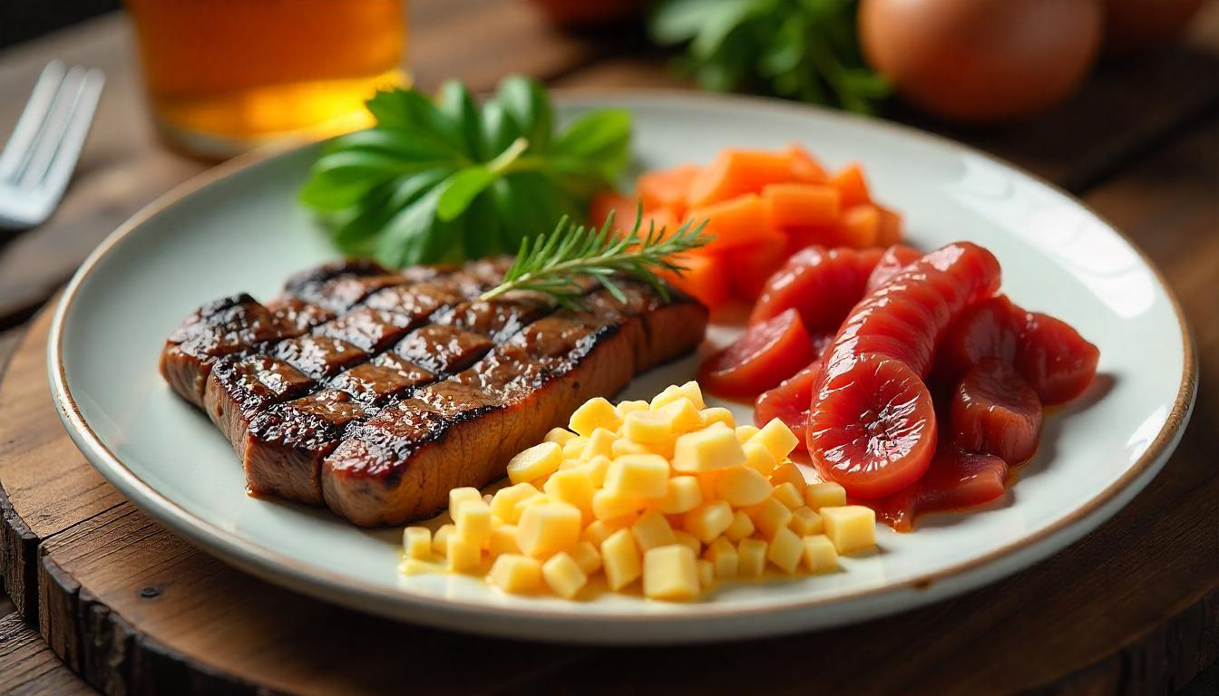 High-protein carnivore diet meal with steak, eggs, liver, and cheese on a plate.