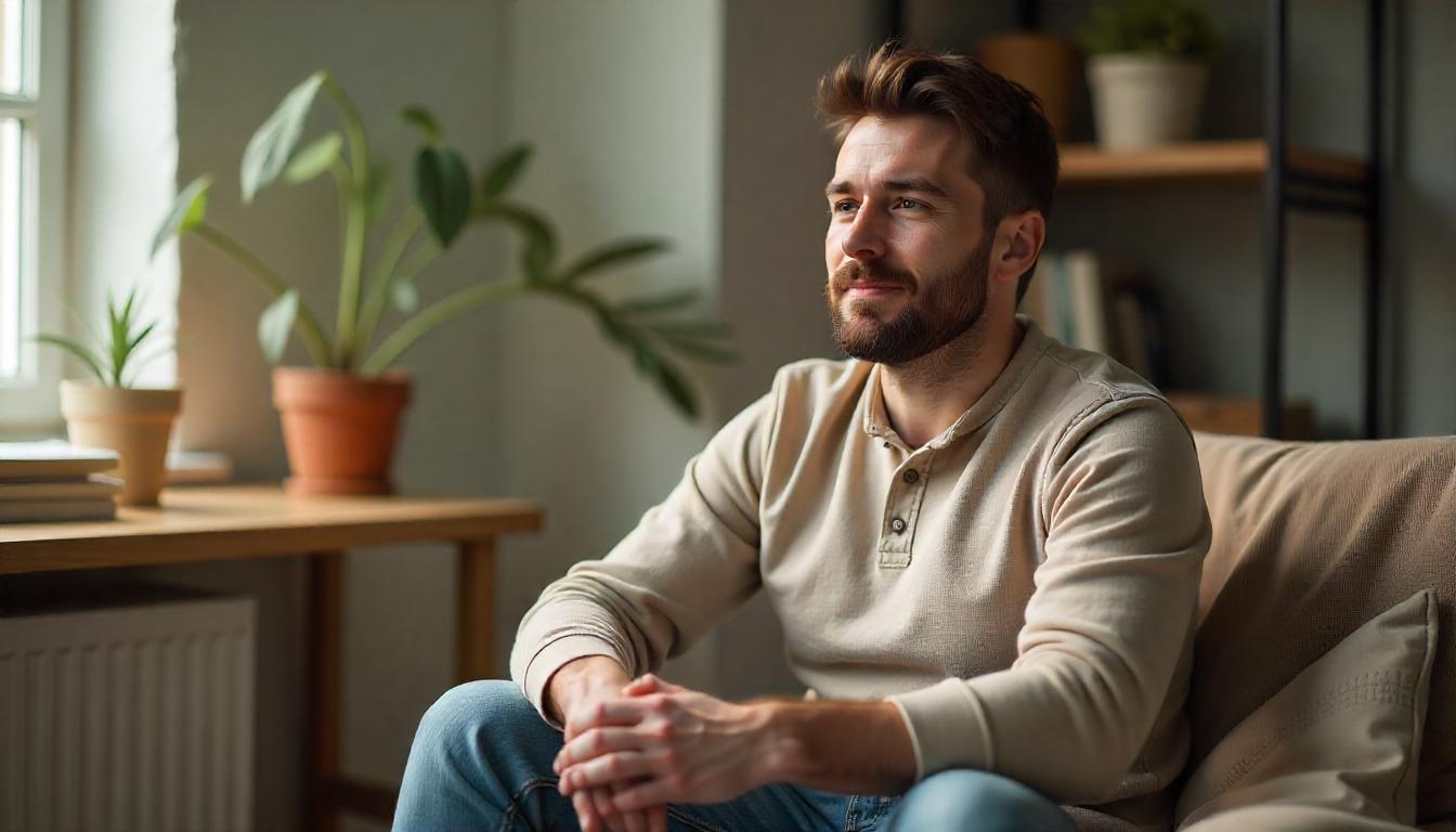 A man sitting in a therapy session, reflecting calmly — representing how to start therapy as a man.
