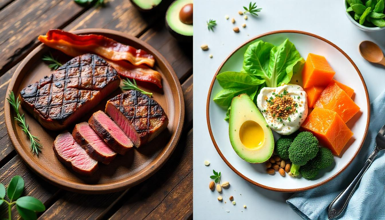 Split-screen comparison of Carnivore and Keto Diet meals, showing only meat on one side and a mix of low-carb foods on the other.