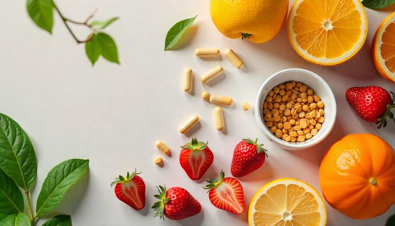 Top 10 best vitamins for hair and skin health 2025 with fresh fruits, vegetables, and supplements.