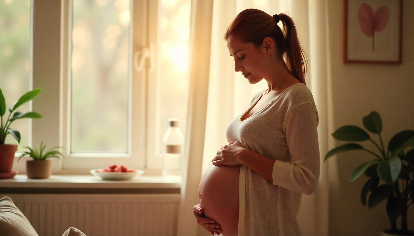 Pregnant woman gently holding her belly, feeling dizzy due to low blood pressure during pregnancy