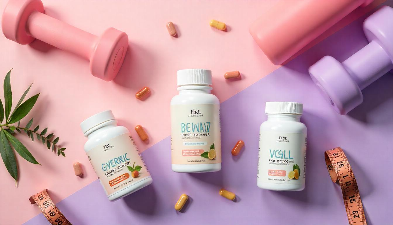 Flat lay of women's weight loss supplements with pink and purple dumbbells, capsules, and measuring tape.