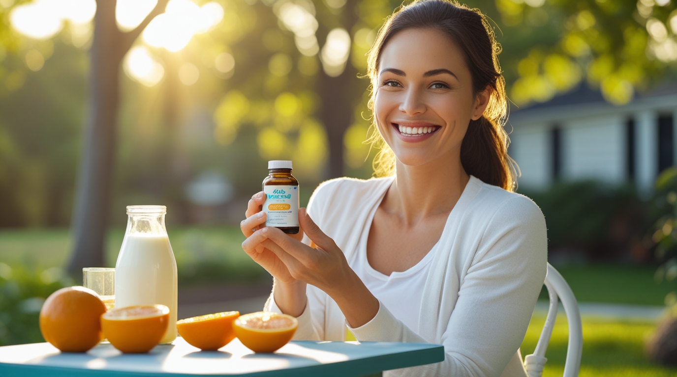 Smiling woman outdoors in sunlight holding a vitamin D supplement bottle with healthy food nearby.