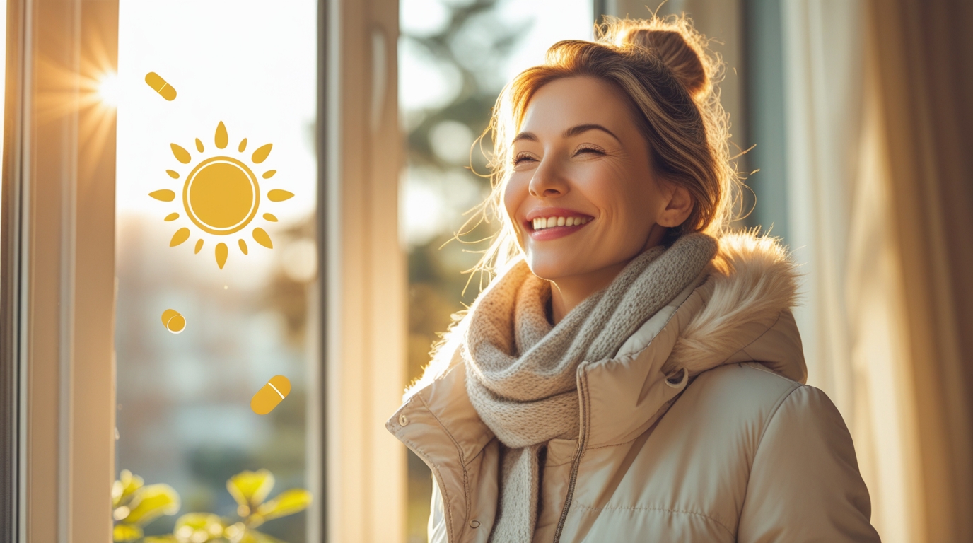 Woman enjoying sunlight outdoors, symbolizing vitamin D benefits for mood, immunity, and energy.