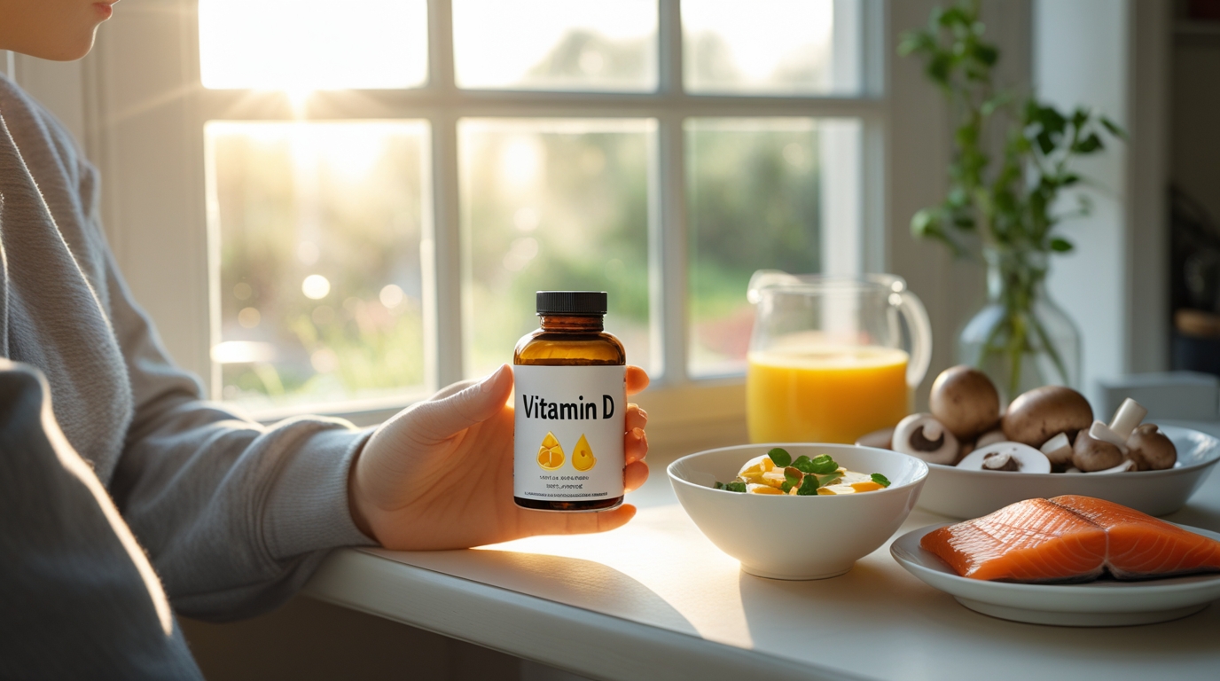 A person indoors in a northern U.S. city holding a bottle of vitamin D supplements with sunlight coming through the window.
