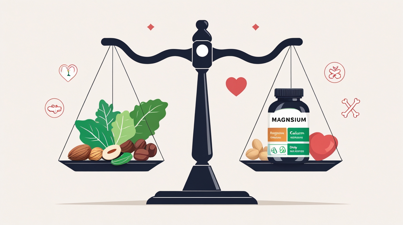 Balanced scale comparing magnesium and calcium with food sources and health benefits.