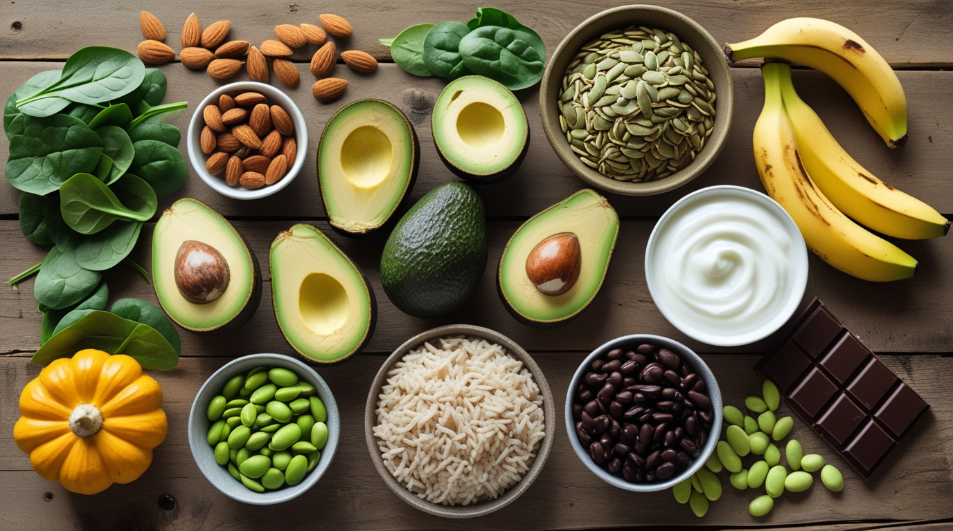Top 10 magnesium-rich foods in the United States including spinach, pumpkin seeds, almonds, bananas, and more arranged on a wooden table.