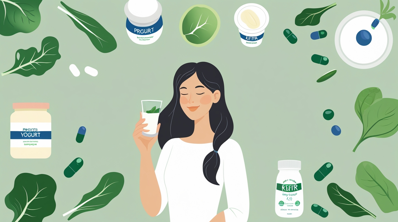 Gut-friendly foods and supplements including probiotics, yogurt, and greens on a soft green background