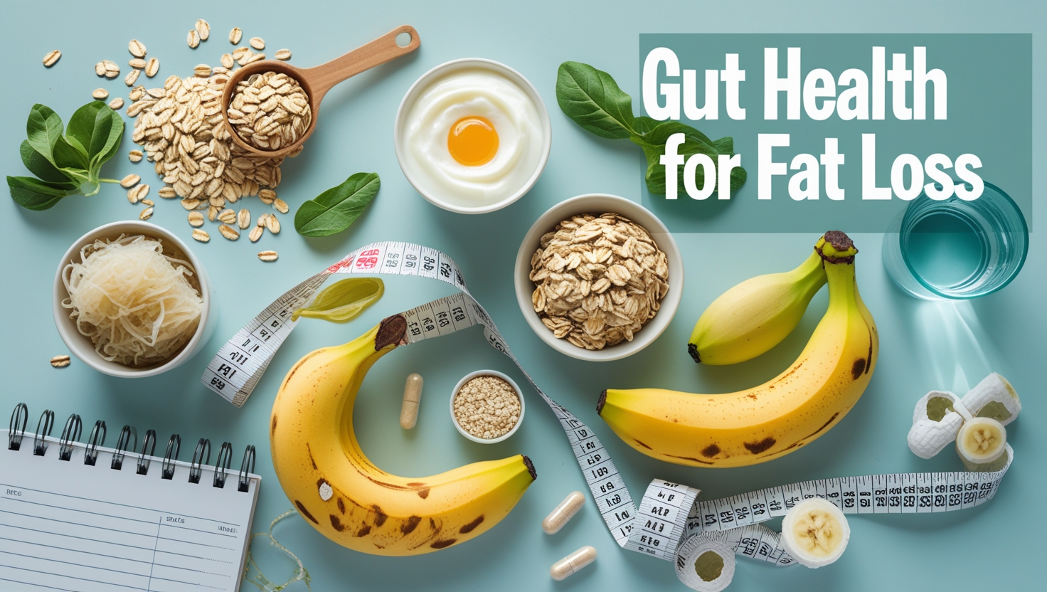 Flat lay of gut-friendly foods and fitness items with the text “Gut Health for Fat Loss”.
