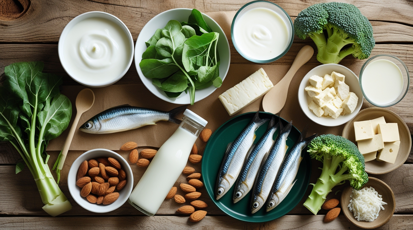 A variety of calcium-rich foods including milk, yogurt, cheese, almonds, broccoli, and tofu arranged on a wooden kitchen table.