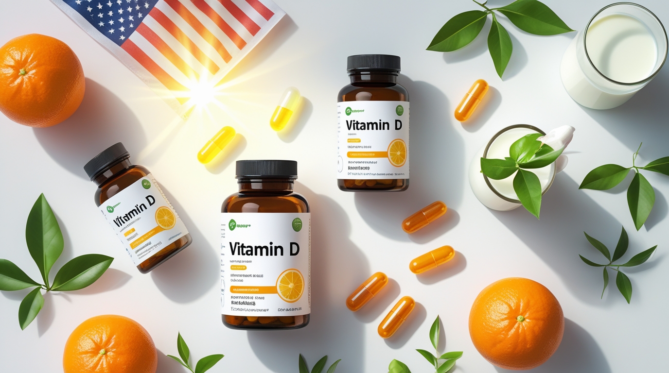 Vitamin D supplement bottles and capsules with natural ingredients on a white background in a U.S.-themed health setting.