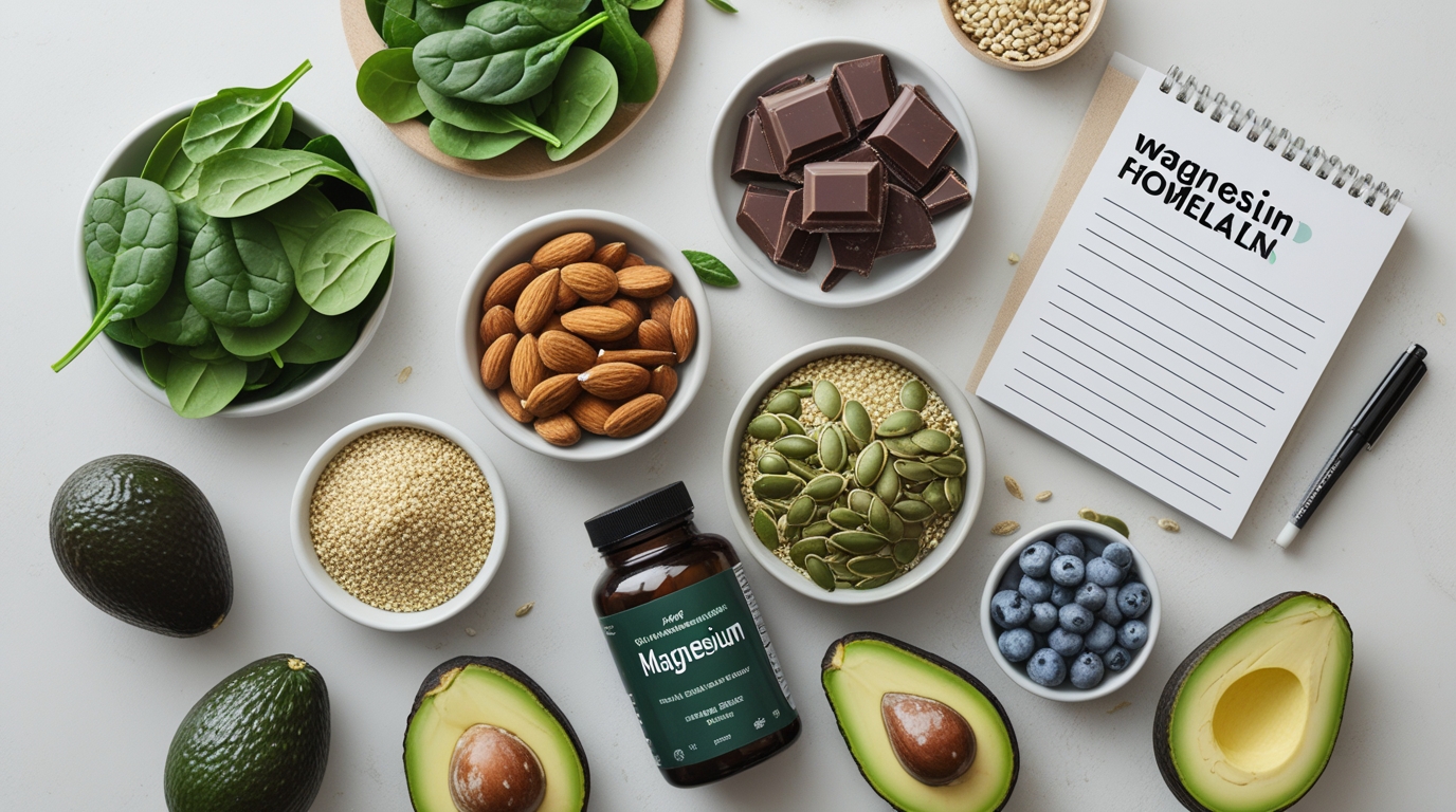 Foods rich in magnesium and supplements arranged for women's health and wellness.