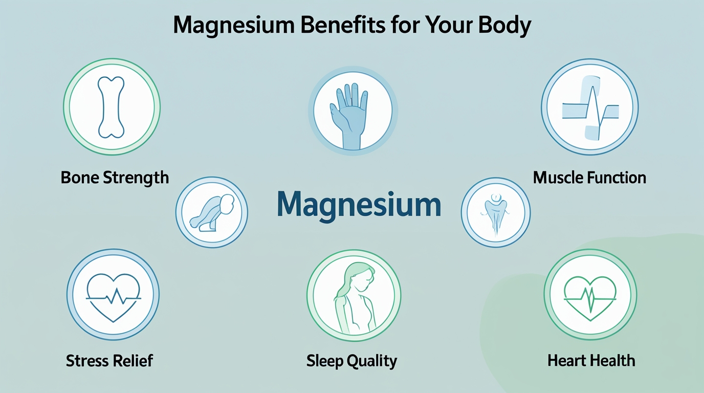 Infographic showing top magnesium benefits, food sources, and signs of deficiency for better health.