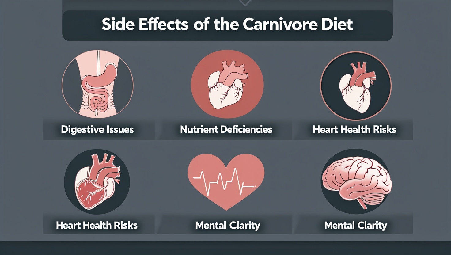 Infographic illustrating common side effects of the Carnivore Diet, including digestive problems, nutrient deficiencies, heart risks, and mental clarity issues.