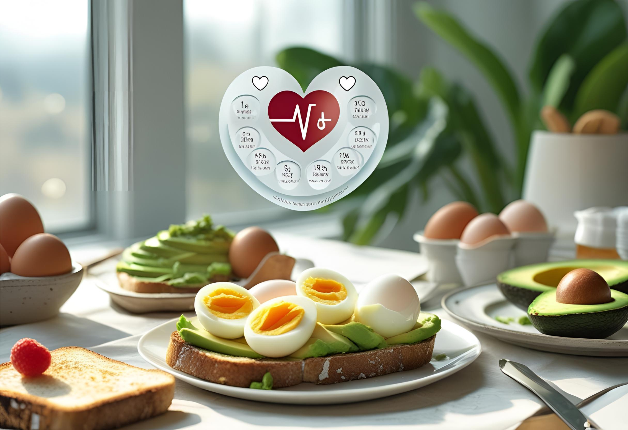 Healthy breakfast with boiled eggs, avocado toast, and heart health symbol on table