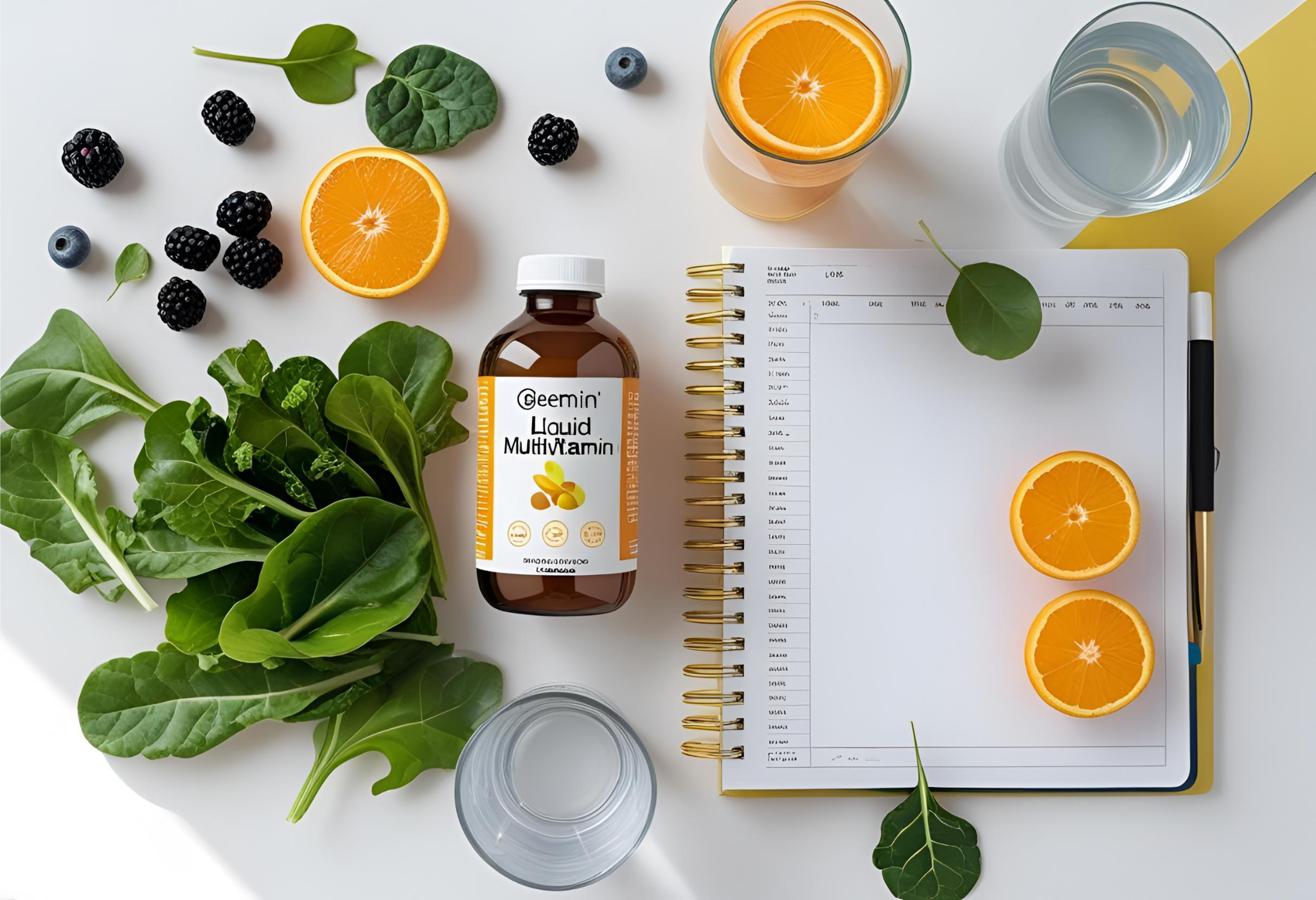 Liquid multivitamin with fresh fruits and a healthy morning routine setup for women’s wellness.