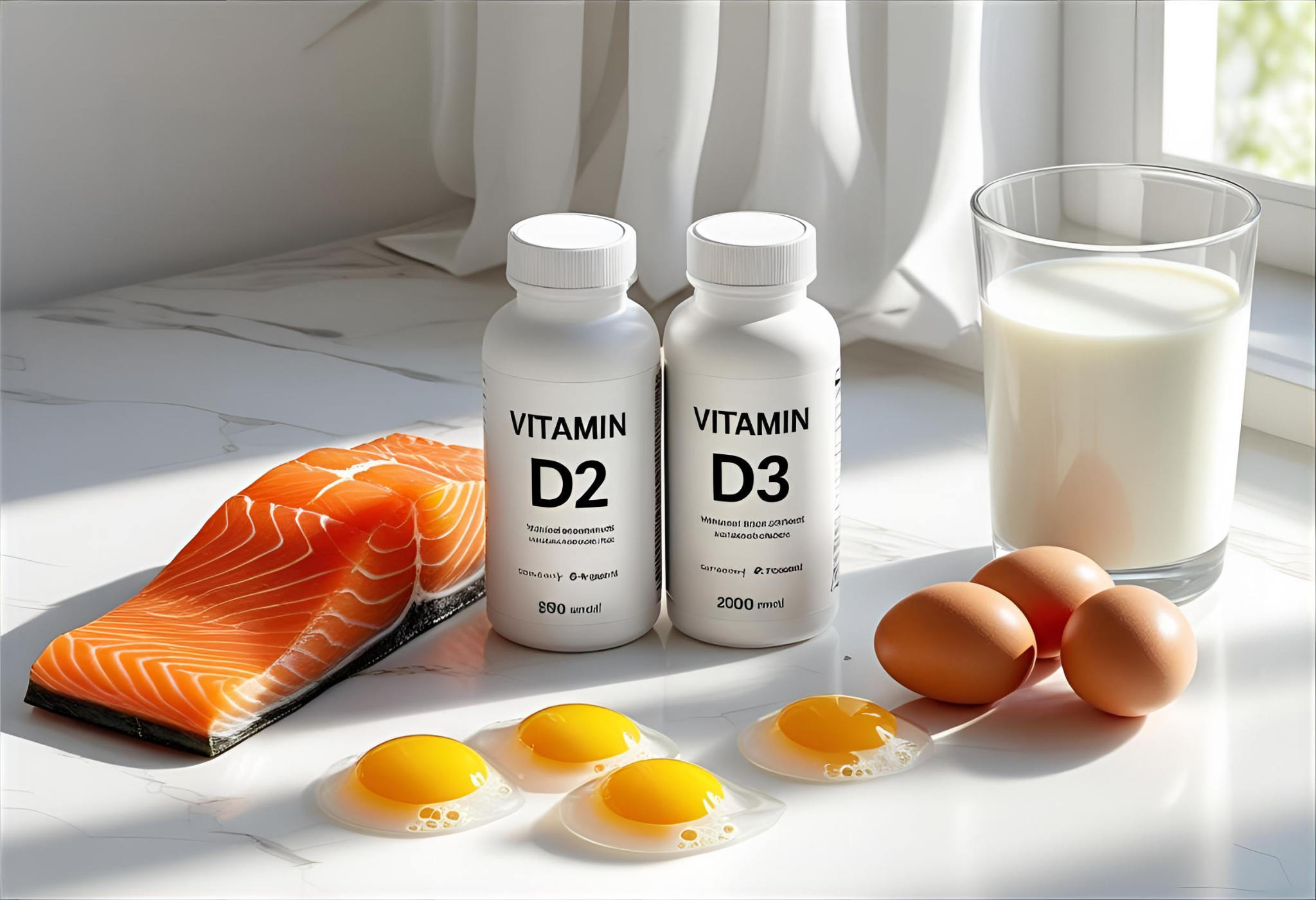 “Vitamin D vs. D3 supplements with healthy foods on a white background in a bright setting, representing U.S. health and wellness.”