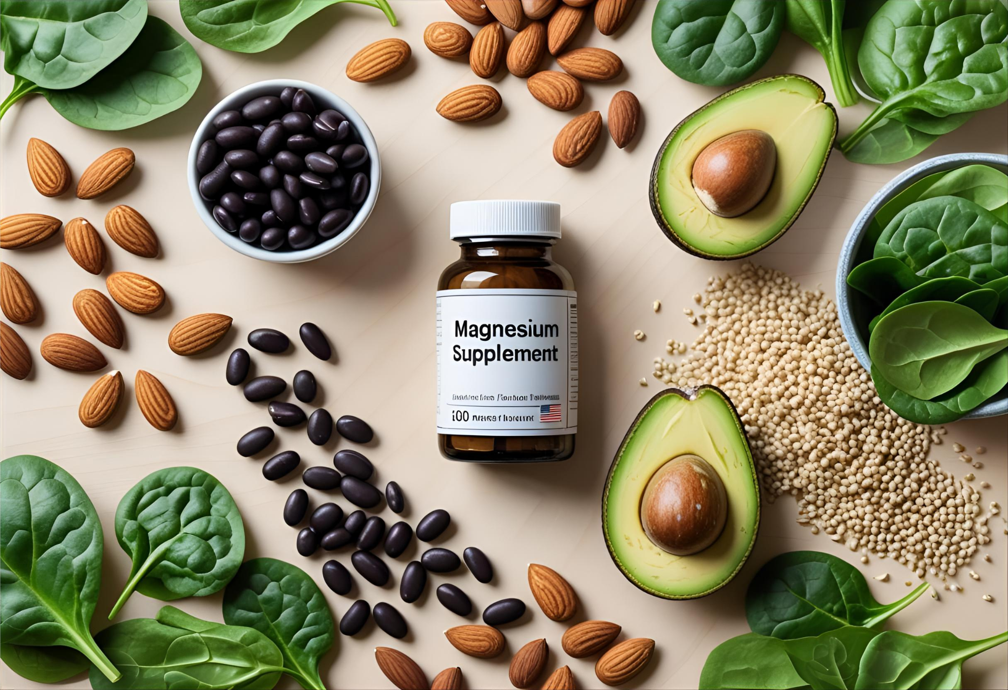 Magnesium-rich foods and supplements with a health infographic highlighting magnesium deficiency in the United States.