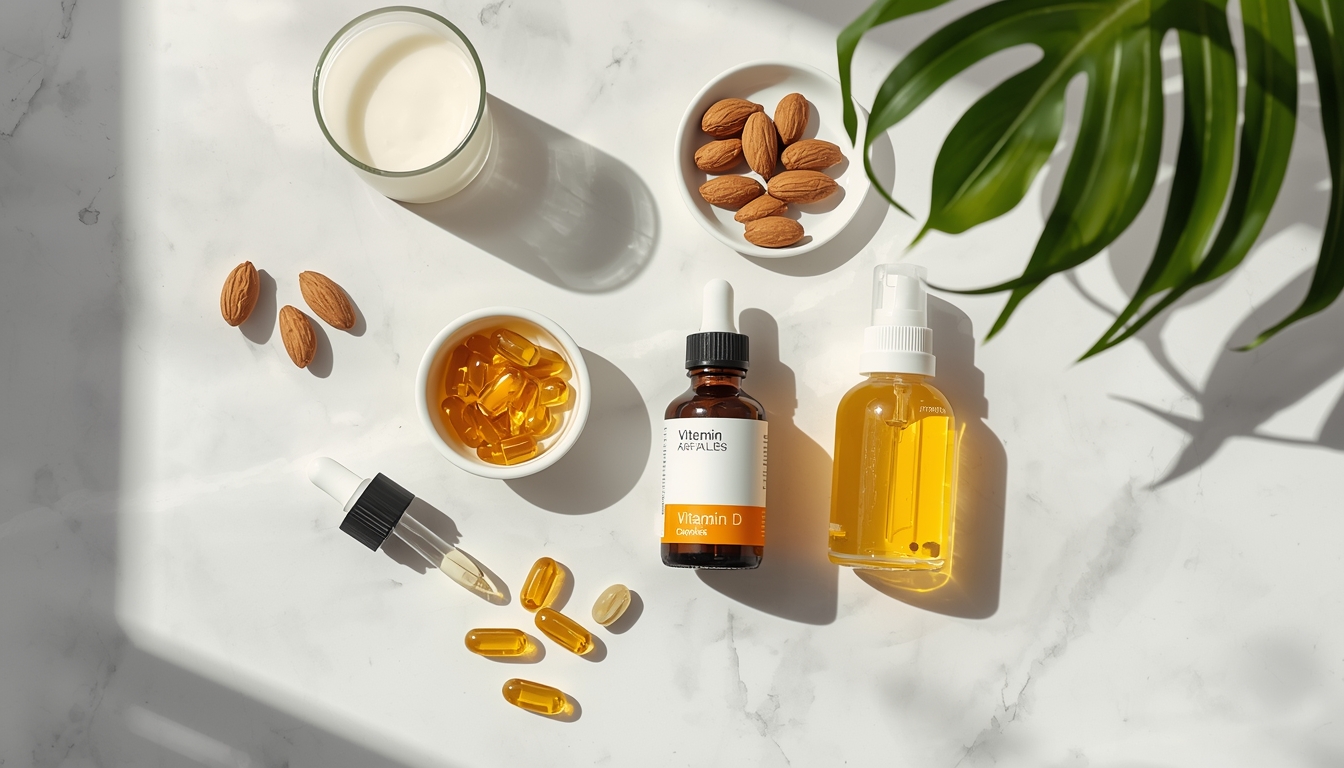 Vitamin D supplement bottles, softgel capsules, and liquid drops arranged on a white background