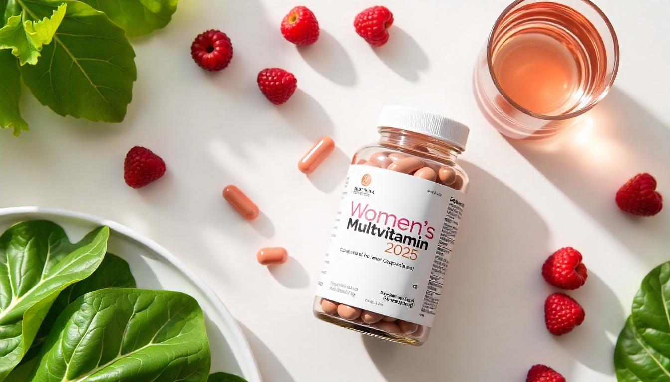 Natural multivitamin supplements for women with greens, berries, and water – 2025 wellness flat lay.
