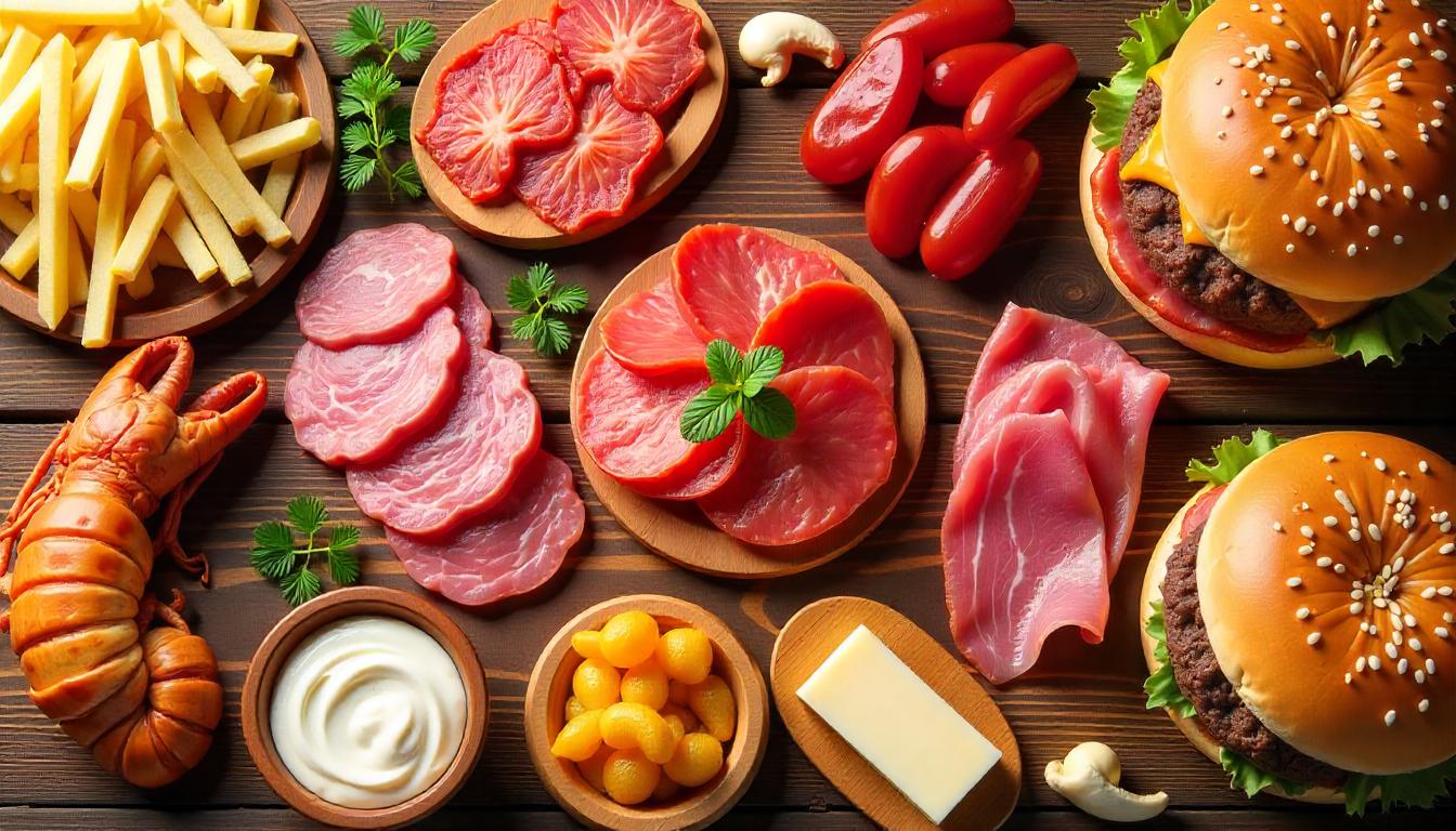 A variety of cholesterol-rich foods including red meat, sausages, cheese, butter, French fries, pastries, shrimp, and burgers displayed on a wooden table.