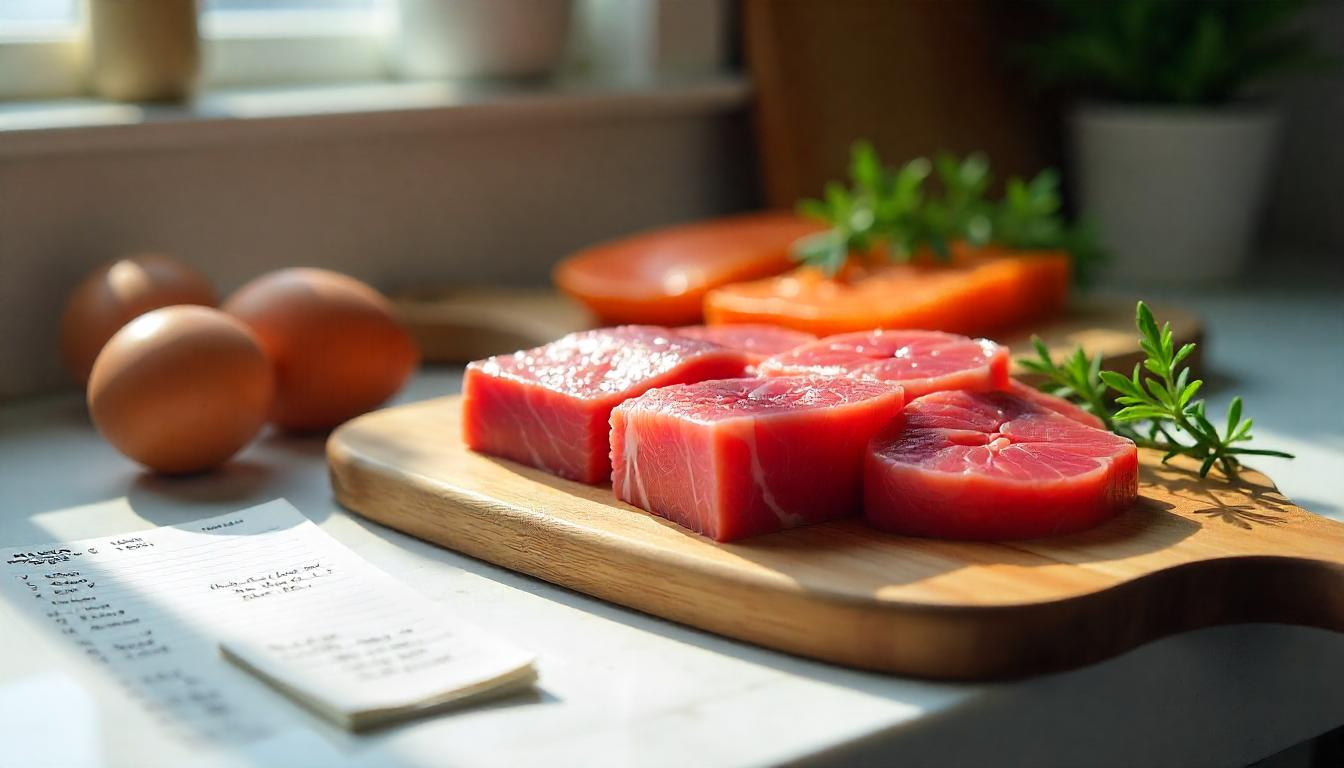 Simple carnivore diet meal prep with raw steaks, eggs, and salmon on a wooden cutting board in a bright kitchen.