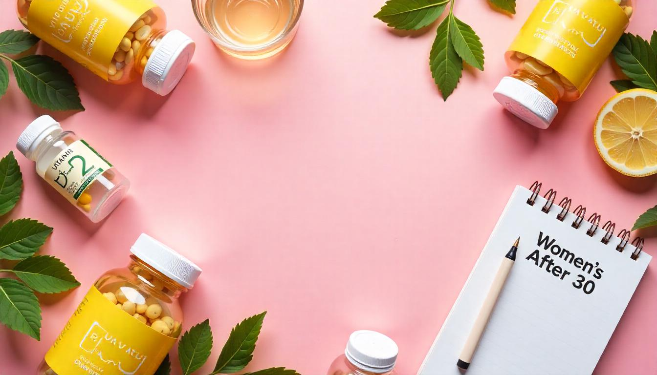 Flat-lay of essential vitamins for women over 30 including D3, B12, Calcium, and Omega-3, arranged on a clean, pastel background.
