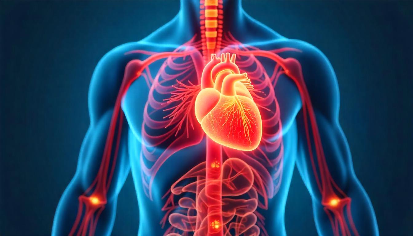 Illustration of human arteries showing plaque buildup causing high cholesterol with highlighted symptoms like chest pain, leg pain, and yellow deposits near eyes.