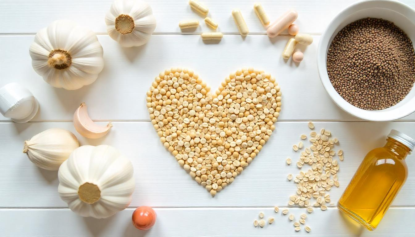 Cholesterol supplements including omega-3, garlic, red yeast rice, and fiber capsules on a white background