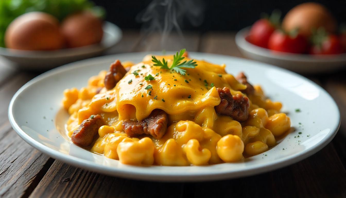 Hearty scrambled eggs with minced beef and melted cheese on a white plate.