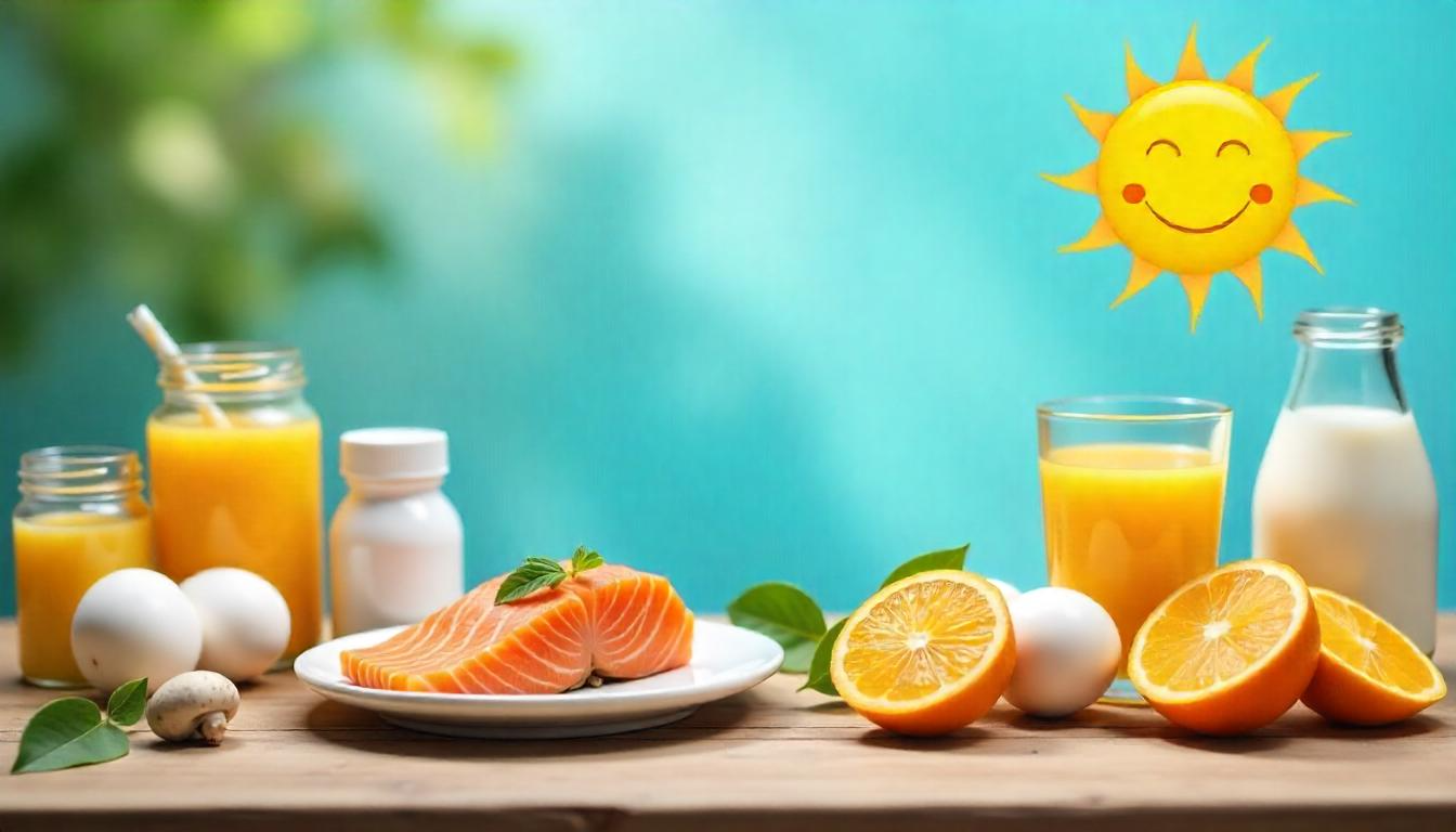 Top Vitamin D-rich foods including salmon, eggs, milk, and mushrooms with a sunshine theme