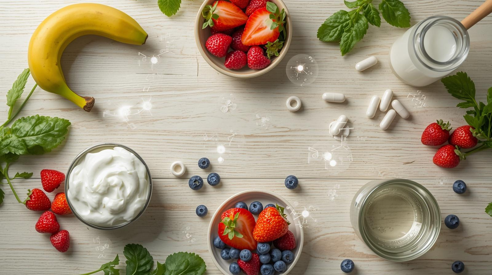 Gut health supplements including probiotics, yogurt, fruits, and healthy foods supporting digestion and gut balance