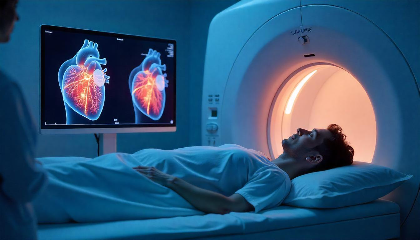 CT scan of the heart showing calcium buildup in coronary arteries, used for Calcium Score Test to assess heart health.