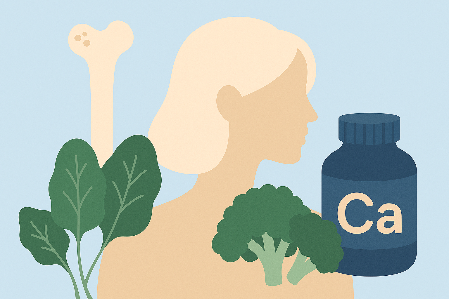 Illustration of a woman with leafy greens, broccoli, a calcium supplement bottle, and a bone, representing calcium deficiency and nutrition.