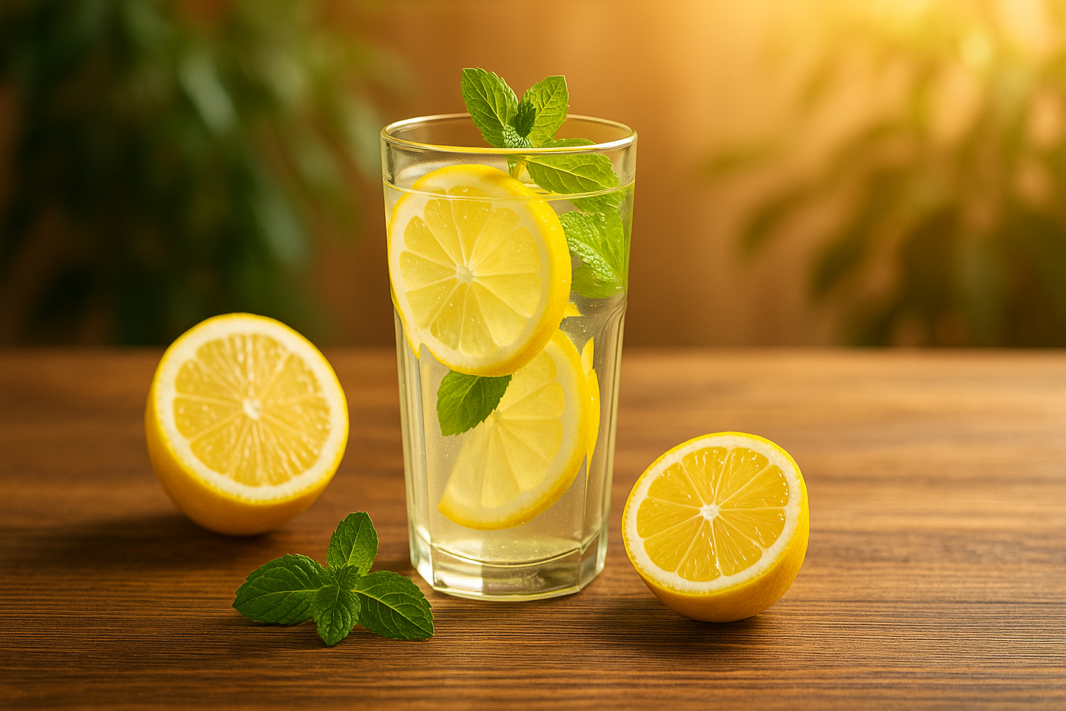 A glass of lemon water with fresh lemon slices and mint on a wooden table, symbolizing kidney health and detox benefits.