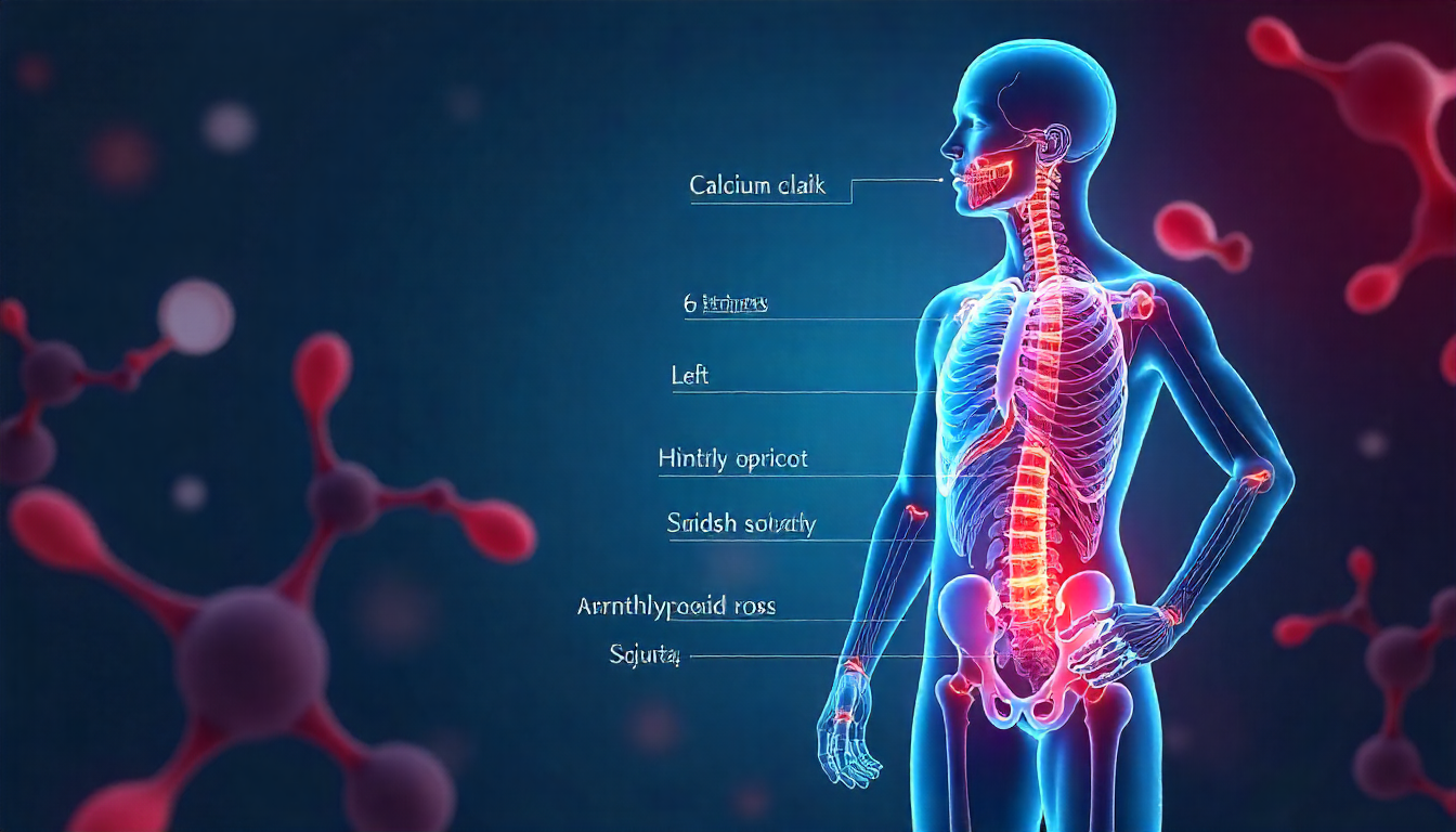 Medical illustration showing hypercalcemia (high calcium in blood) with parathyroid glands, kidneys, and bones.