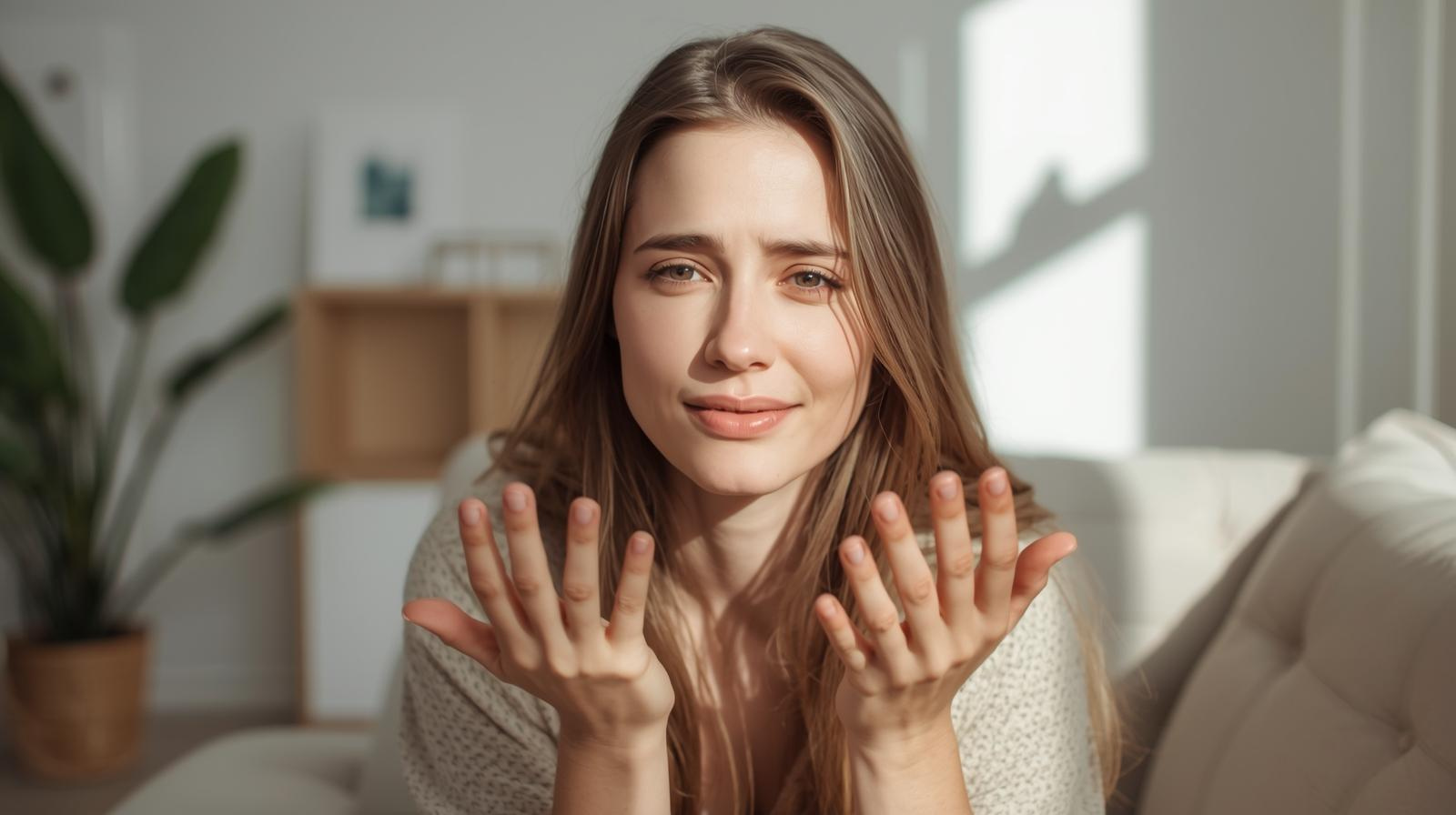 Woman showing early signs of iron deficiency, including pale skin and brittle nails, sitting indoors with soft natural light.