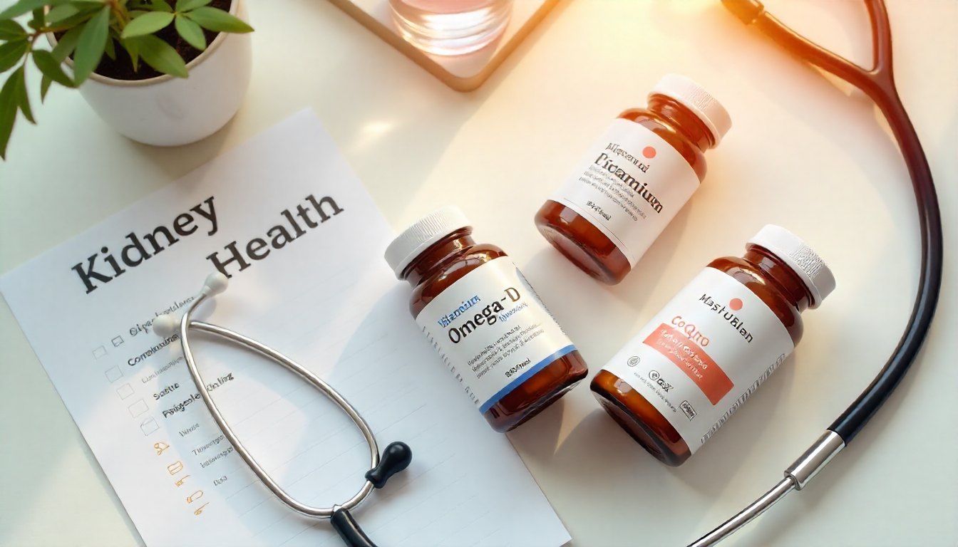 Kidney health supplements including Omega-3, Magnesium, Vitamin D, and CoQ10, arranged with a stethoscope and water glass on a white table.
