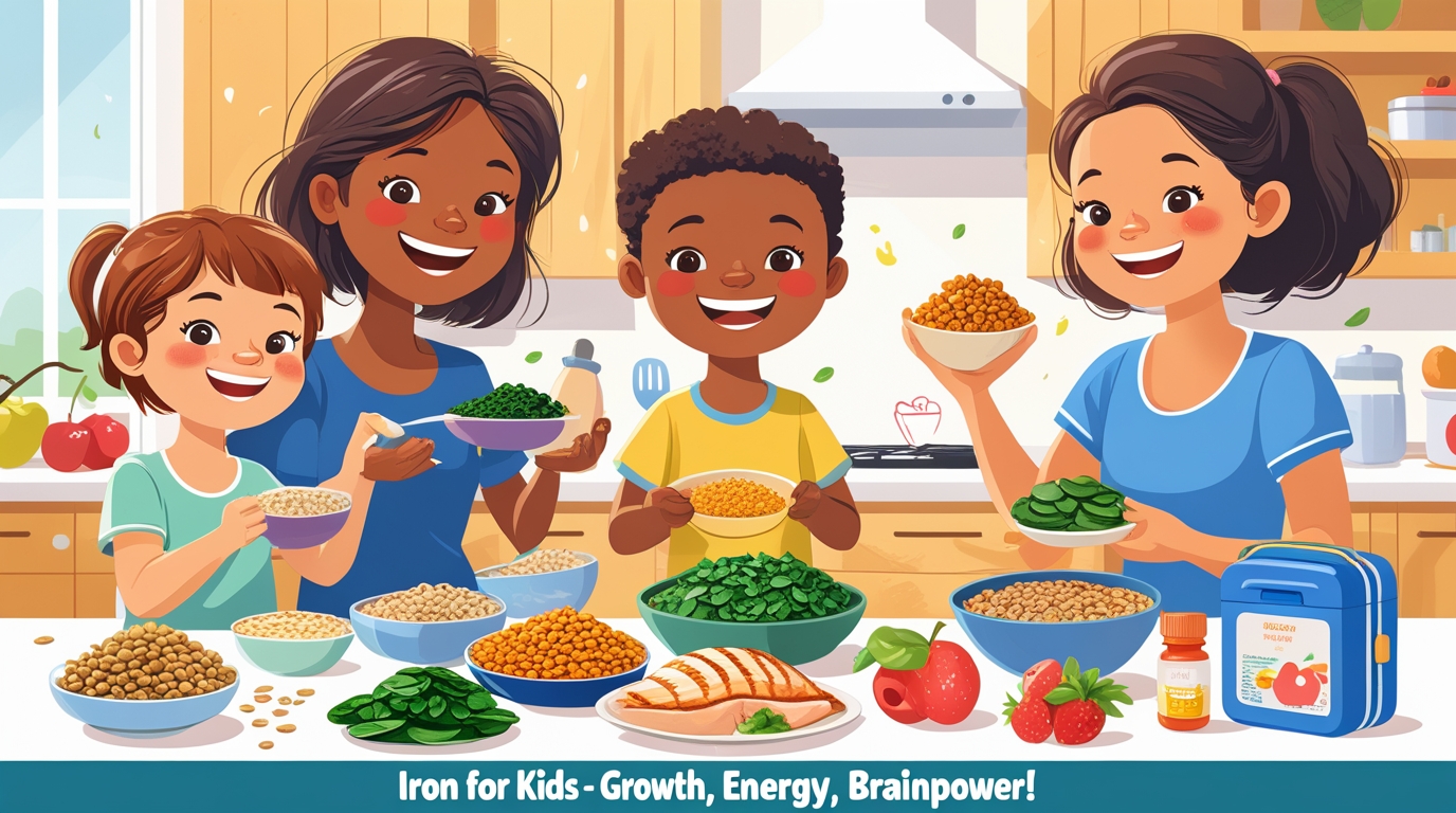 Happy kids enjoying iron-rich meals like spinach, lentils, and fortified cereals in a colorful kitchen setting, promoting child health and nutrition.