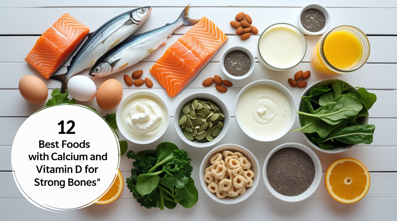Flat lay of calcium and vitamin D rich foods like salmon, milk, cheese, eggs, leafy greens, and nuts on a white wooden background