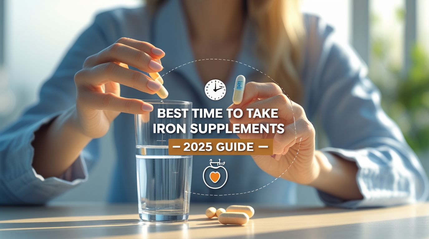 Woman taking iron supplements with a glass of water in the morning — health tip for better absorption in 2025.