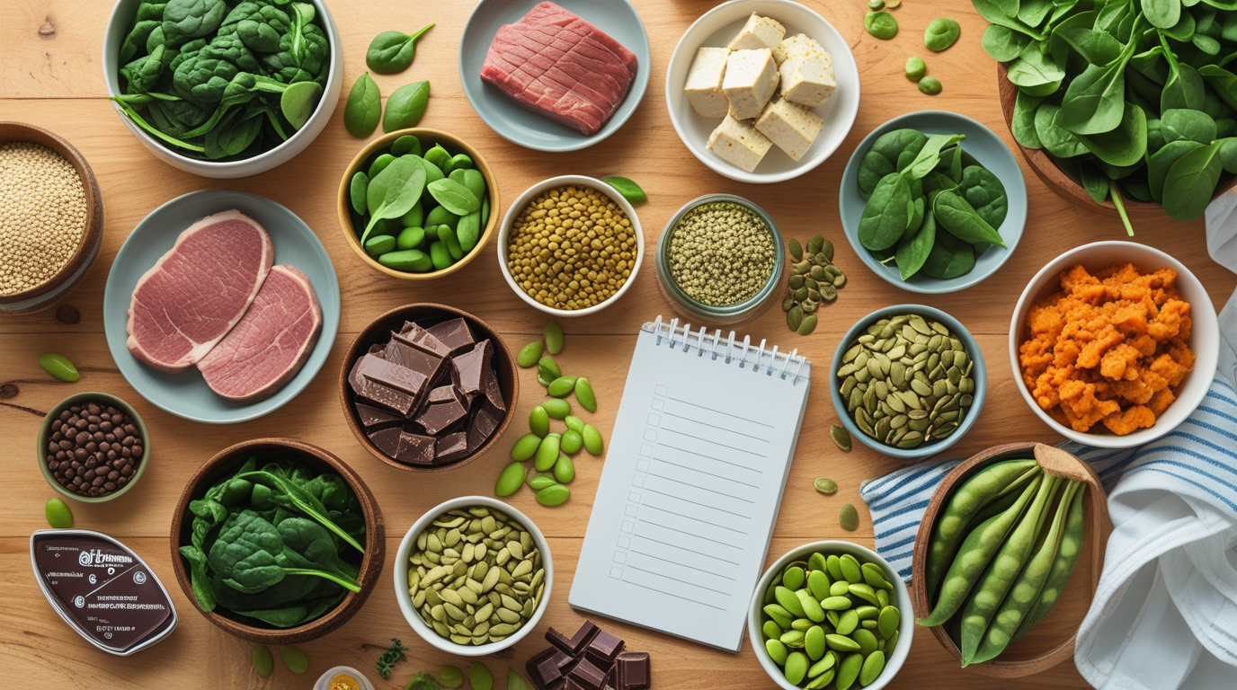 Iron-rich foods like spinach, beef, lentils, tofu, and pumpkin seeds arranged on a kitchen counter.
