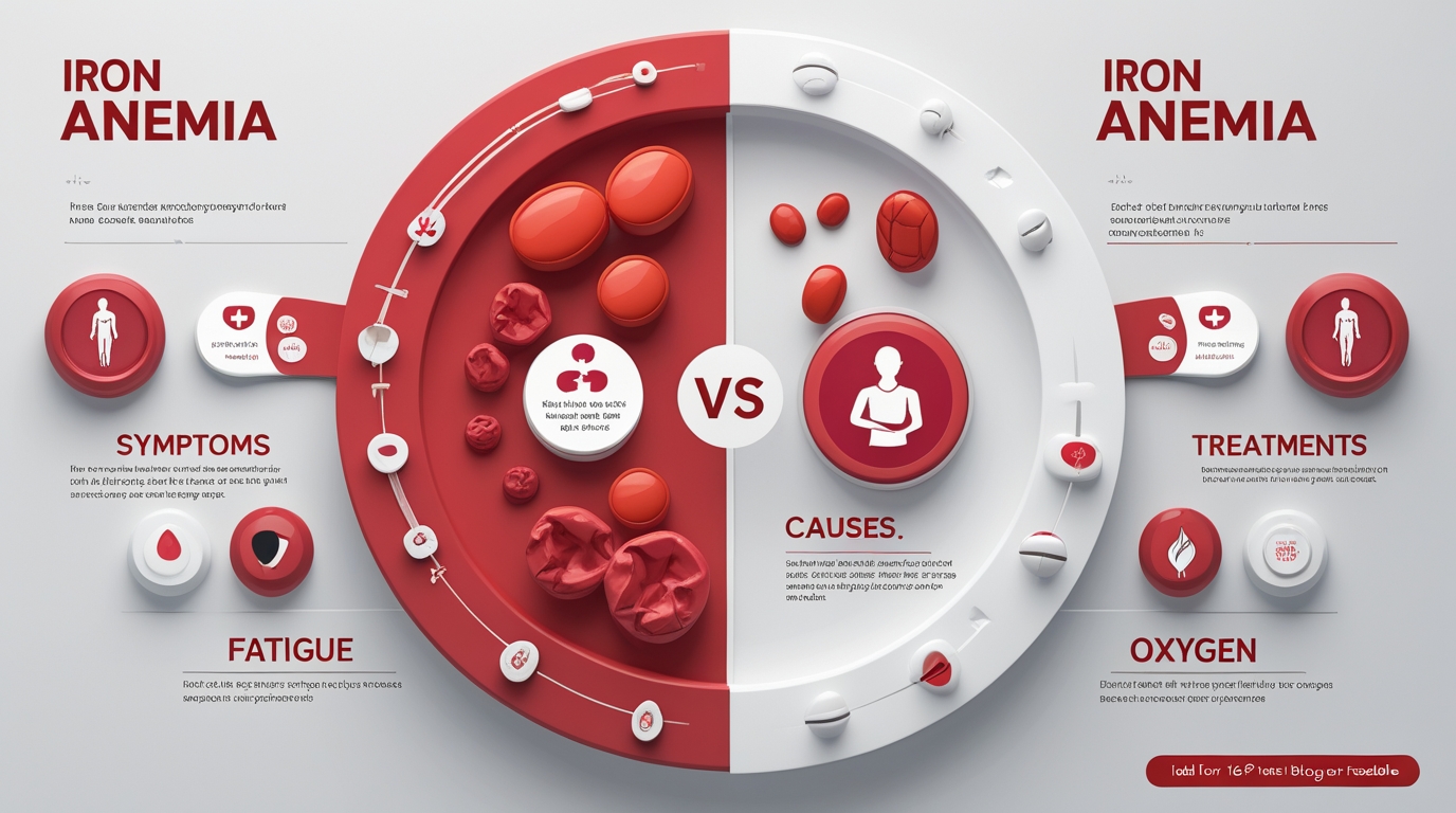 Infographic comparing iron deficiency and anemia symptoms, causes, and treatments.