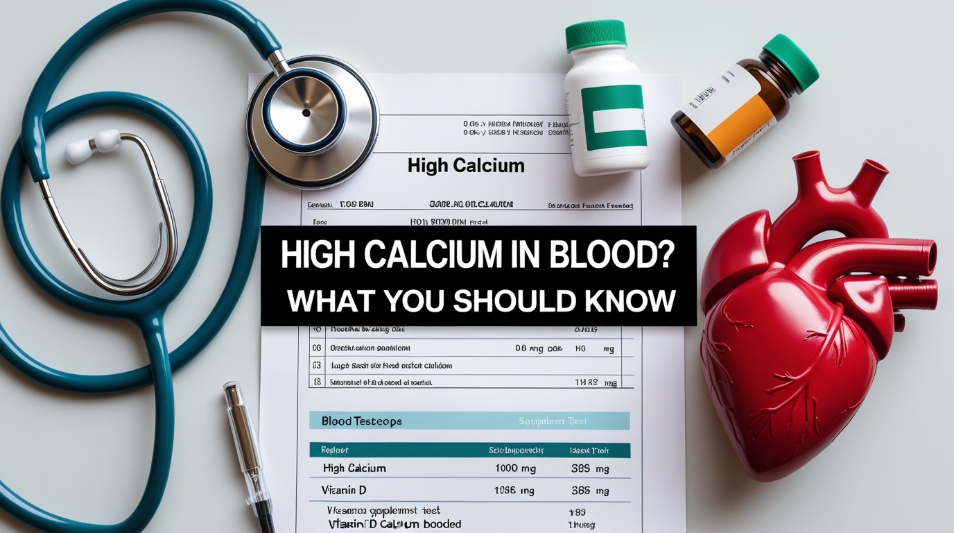 High calcium in blood concept with medical supplies, calcium supplement bottles, and blood test report showing elevated calcium levels.
