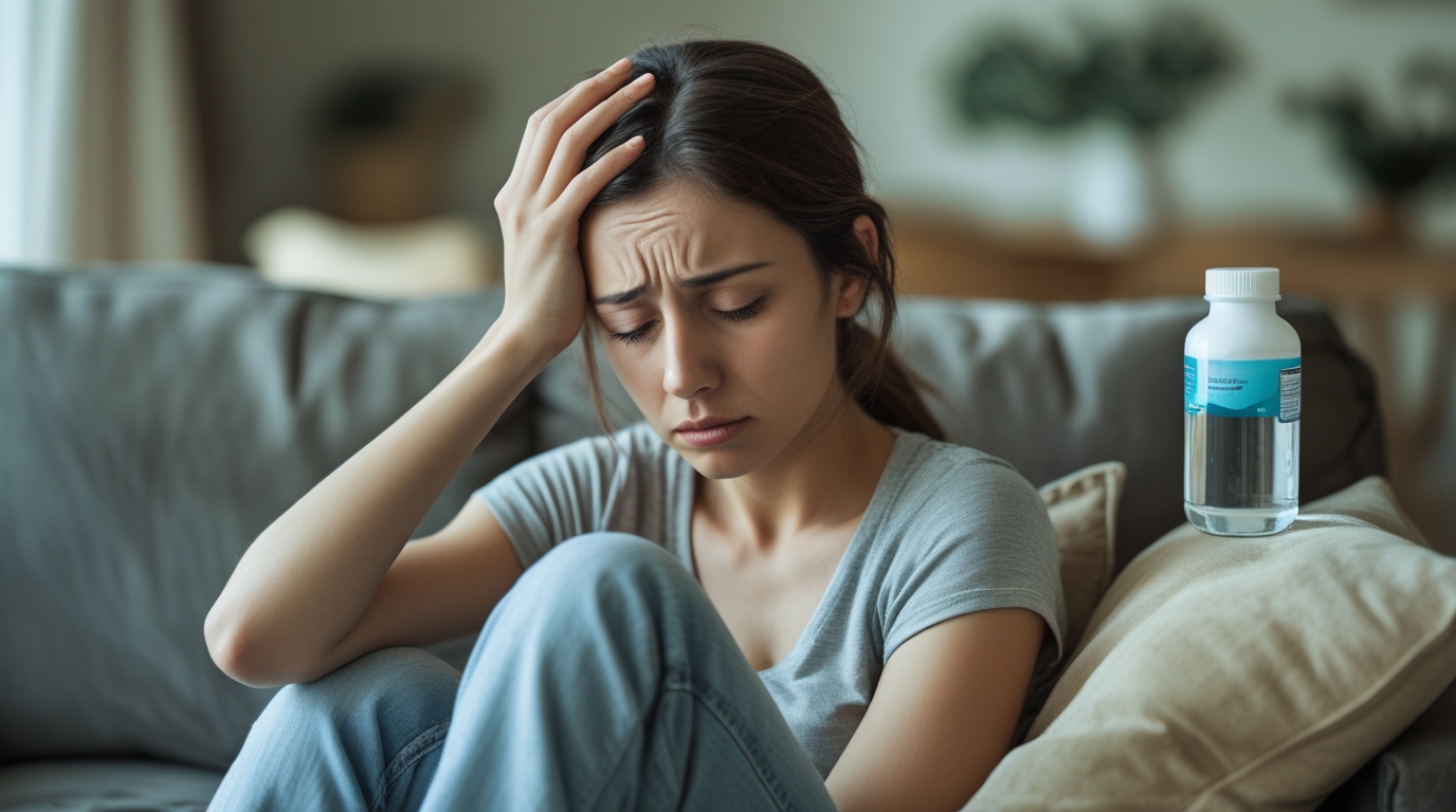 Tired young woman showing signs of iron deficiency, holding her head in discomfort.