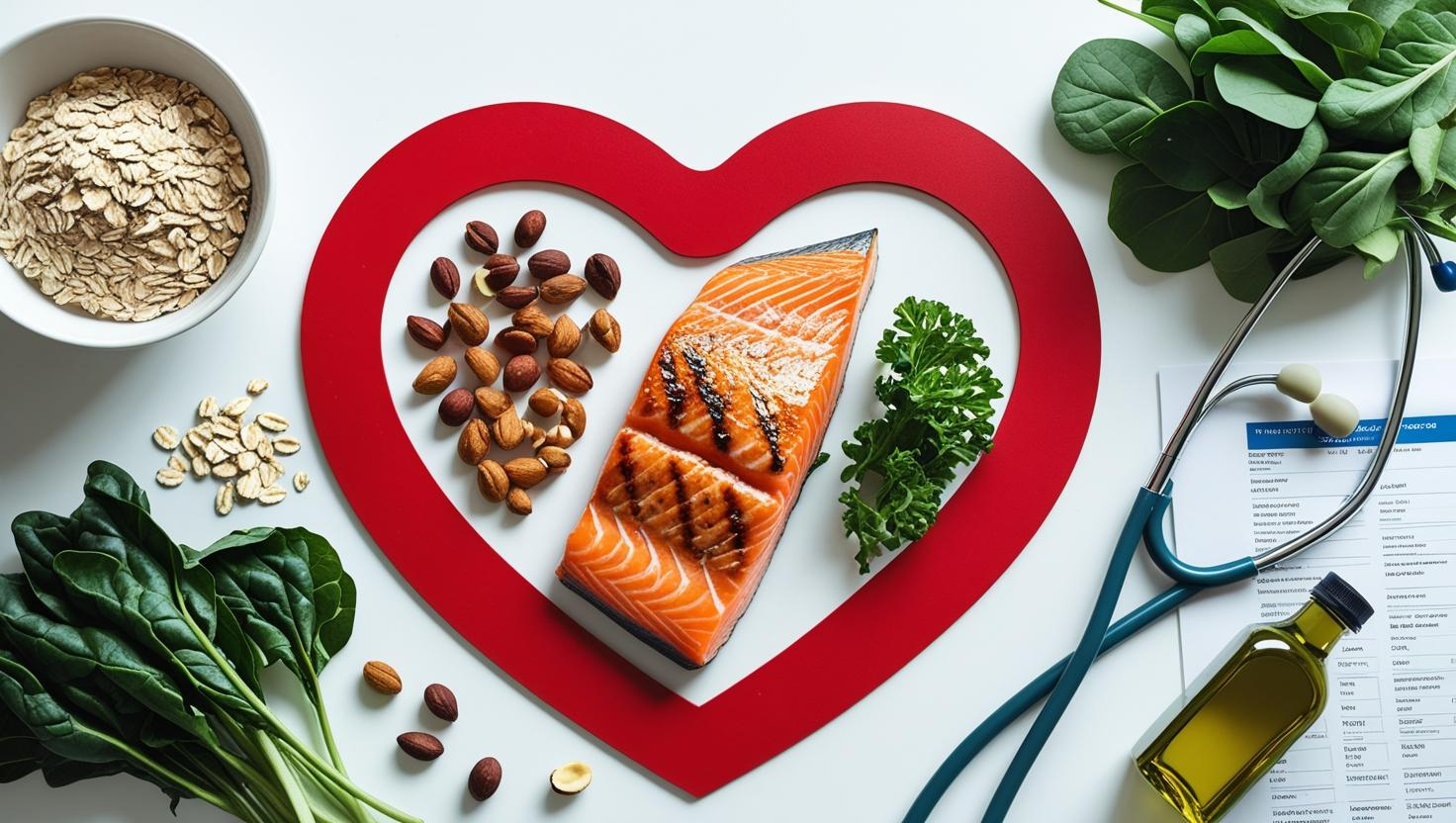 Heart-healthy foods like salmon, nuts, and greens arranged around a heart symbol with a stethoscope