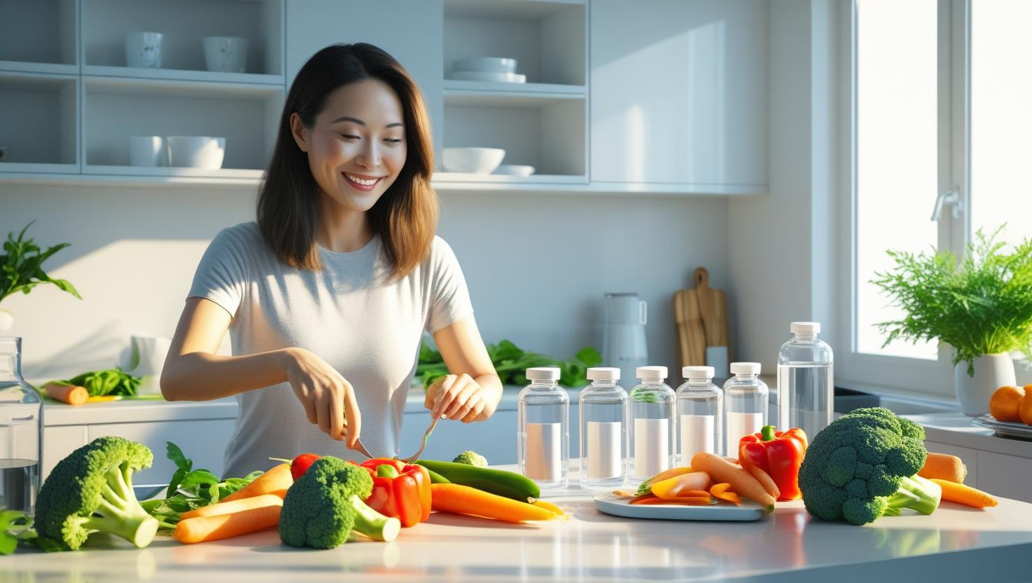 A fit woman in her 40s preparing a healthy meal with fresh vegetables, protein-rich foods, and supplements on the kitchen counter – symbolizing women’s weight loss and balanced nutrition.